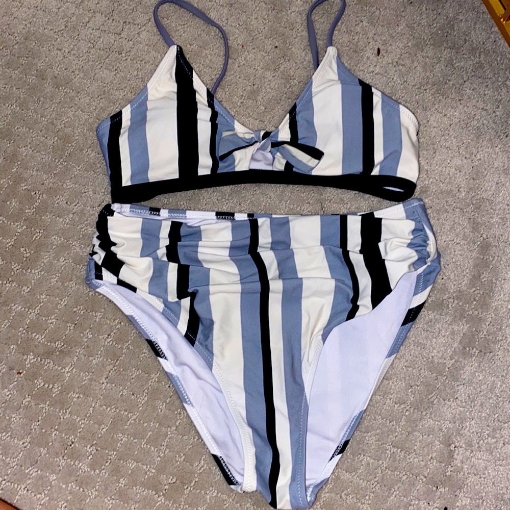 White Bikini with Black and Gray Stripes, Rushed High Wasted Bottoms